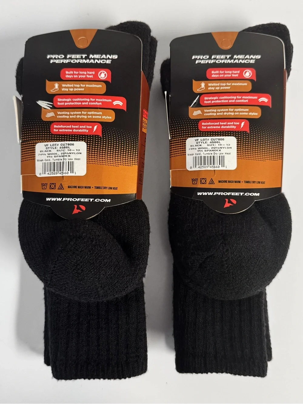Pro Feet Combat Tactical Wool Crew Socks Heavyweight Black Two Pairs NWT